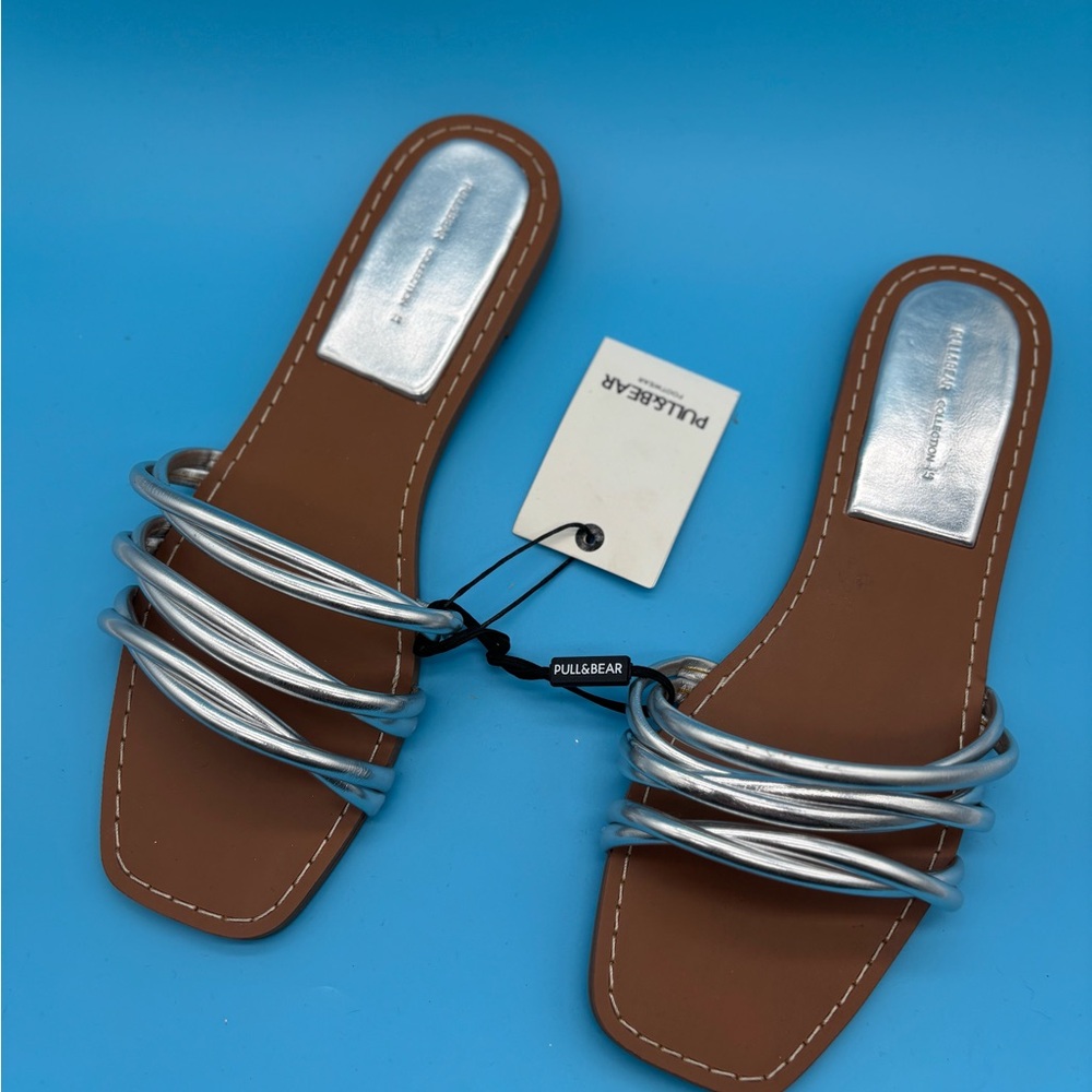 Pull&Bear Silver Strappy Slide Sandals with Brown Footbed